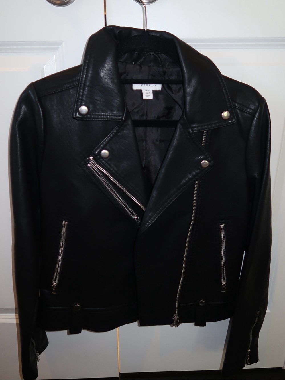 Topshop Black Faux Leather Moto Jacket with Silver Hardware